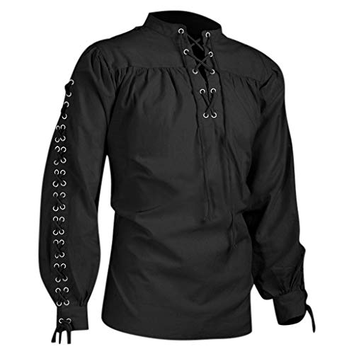 Mittelalter Hemd Herren - Gothic Kleidung Herren Shirt Steampunk Langarmshirt Bandage Viktorian Viking Pirat Palast Renaissance Hemden für Männer Halloween Kostüm Karneval Party Cosplay Tops