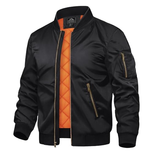 TACVASEN Herren Bomber Blouson Herbstjacke Warme Jacke Sportjacke Freizeit Outdoor Casual Laufjacke Full Zip (M, Schwarz)