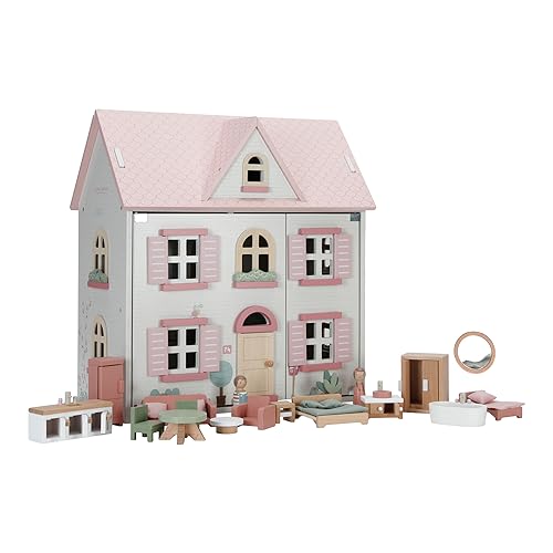 Little Dutch Puppenhaus groß aus Holz aufklappbar mit viel Zubehör Spielfiguren und Möbel - weiß rosa