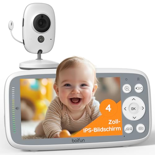 BOIFUN Babyphone mit Kamera, 4 Zoll 720P Monitor, Ohne WLAN, Nachtsicht, 10 Stunden Akkulaufzeit, 2 Wege Audio, Schallerkennung, Temperaturerkennung, 3X Zoom, Schlaflieder Weiß Babyphone mit 1 Kamera