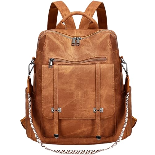 Leathario Rucksakck Damen Wasserdicht,Veganes Leder Cityrucksack,Rucksackhandtasche Mittelgroß, Diebstahlsich Tagesrucksack für Büro,Pendeln,Arbeit,Leicht Elegant Backpack Women Groß für Reise,Braun