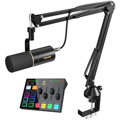 Podcast-Ausrüstungspaket, Audio-Interface und Dynamisches Mikrofon-Set mit Galgenarm, USB- Soundkarte mit RGB, XLR-Mikrofon, Studio-Klangqualität, Komplettpaket für Content-Erstellung, Streaming, E7