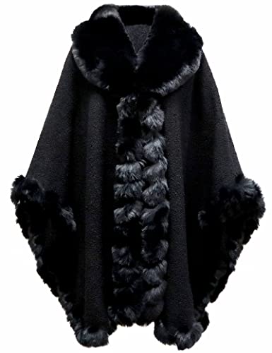 Gragengs Damen Faux Kaninchen Pelz Cardigan Mantel Poncho Winter Lose Cape Warme Schal Wrap,X/Schwarz