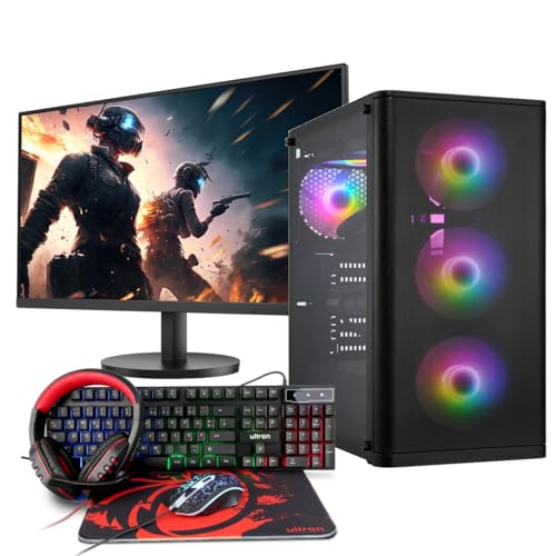 Basic Gaming Komplett PC Set Ryzen 3 3200G, 16 GB DDR4, 1000 GB SSD M.2, Windows 11 Pro 64bit + 24 Zoll Monitor + Tastatur, Maus, Headset Bundle