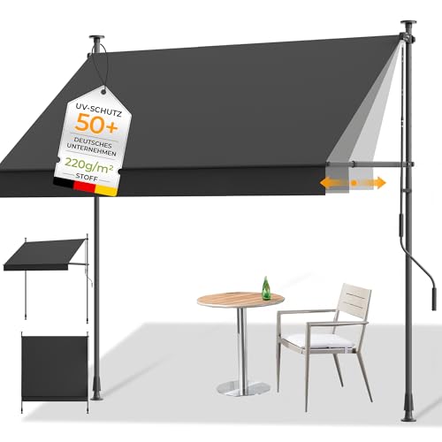 HOMEDEMO Klemmmarkise mit Einstellbare Handkurbel, Balkonmarkise ohne Bohren, Markise Sonnenschutz, UV-beständig & höhenverstellbar für Outdoor, Terrasse, Balkon, Garten, Dunkelgrau, 300 x 125-150 cm