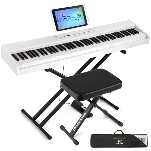 MUSTAR E Piano Digital 88 Tasten, Keyboard mit halbgewichteten & Bluetooth, Portable Set mit Sustain Pedal, Keyboardständer und Tragetasche (Weiß & Pianobank)