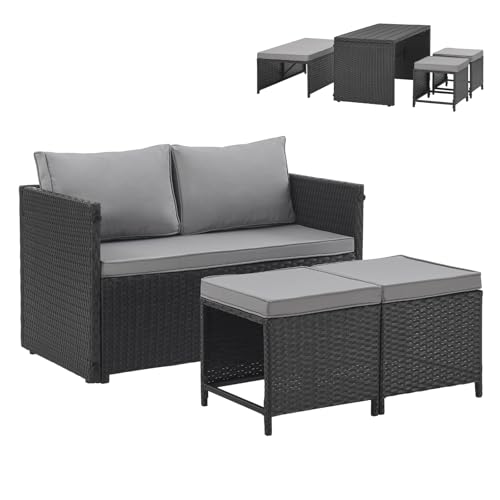 SVITA ATHINA 2in1 Sitzgruppe Outdoor Rattanlounge Balkon Essgruppe Gartenmöbel Set Gartenlounge klein Balkonmöbel Polyrattan Schwarz