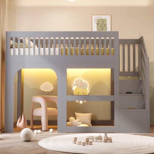 Merax Kinder Hochbett 90 x 200 cm mit LED-Beleuchtung, Stauraumtreppe, Tür- und Fensteroptik, Sicherheitsgeländer und offenem Spielbereich unter dem Bett, Kinderbett aus Holz, Grau