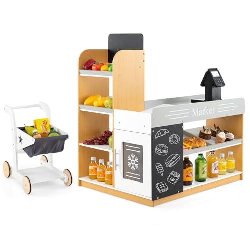 DREAMADE Kaufladen Kinder, Kaufmannsladen aus Holz mit Einkaufswagen, Kreidetafeln & Kasse, Verkaufsstand Supermarkt für Kinder ab 3 Jahren
