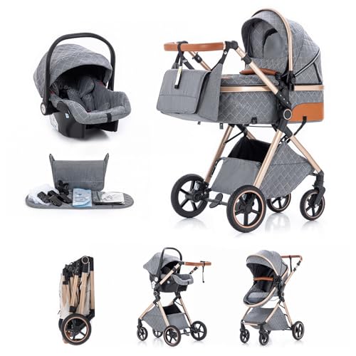 Kakbgee 3 in 1 Kinderwagen mit Babyschale, Faltbar Buggy, 7-fach höhenverstellbarem Griff, 4-Rad Federung, Regenschutz, Moskitonetz, Kombikinderwagen für Neugeborene 0-3 Jahre (15kg), Subgrau