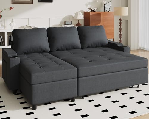 JUMMICO Schlafsofa mit Bettkasten L Form Sofa mit Schlaffunktion 3 Sitzer Couch klein Ecksofa Schlafcouch Ausziehbar Wohnlandschaft für Wohnung und Wohnzimmer Dunkelgrau