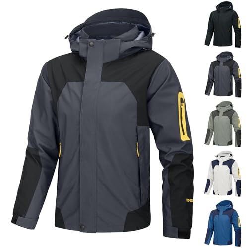 XCXC Herren Outdoorjacke mit Abnehmbarer Kapuze Wasserdichte Windjacke Männer Wanderjacke Regenjacke mit Reißverschlusstaschen Trekkingjacke Sportjacke für Herbst Winter