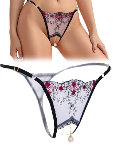 QUEEN'S STORY Sexy String Tanga String Ouvert Mit Perlenanhänger, Slip Ouvert für Frauen Schwarz Niedrige Taille Spitze Sexy Tanga Unterwäsche Mit Offenem Schritt, V-String Höschen Reizwäsche Thongs