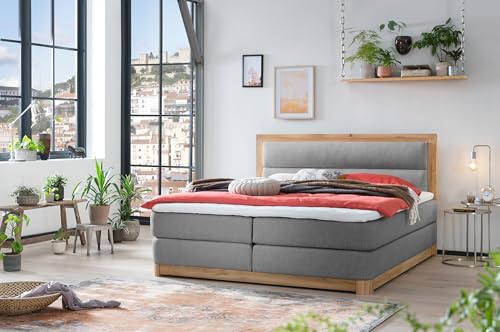 Belanoti Age Boxspringbett 180x200 Eiche 7-Zonen Taschenfederkern Matratze inkl Visco Topper Bett 180x200 in der Farbe Grau H2/H3 Polsterbett Hotelbett mit Massivholz Eiche Massivholzbett