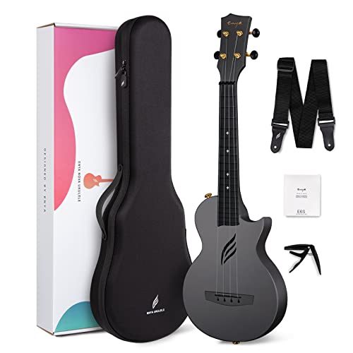 Enya Konzert Ukulele Nova U 23 Zoll Kohlefaser Anfänger Ukulelen Set mit Tasche Saiten Gurt Capo Wasserdicht (Schwarz)