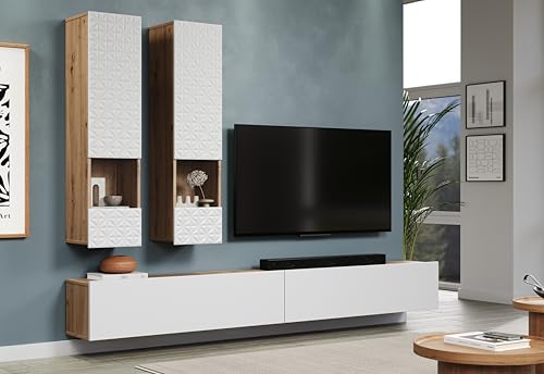 trendteam smart living - Rezzo - Wohwand - Eiche/Weiß matt - Wohnzimmermöbel mit Soft-Close Funktion - (BxHxT) 241 x 200 x 30 cm - TV-Unterteil stehend oder hängend montierbar
