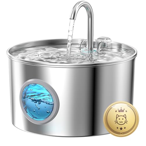 Katzenbrunnen Edelstahl Trinkbrunnen für Katze: Katzenbrunnen für Katzen - 2.2L Wasserbrunnen für Katzen mit 1 Filter und 1 Schwamm - Automatisch Katzentrinkbrunnen für Hunde mit Sichtfenster