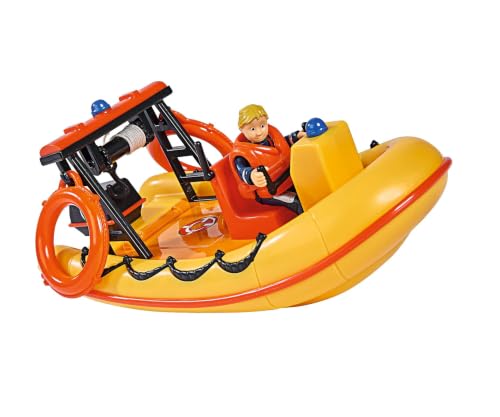 Simba 109251047 - Feuerwehrmann Sam Neptune Boot, mit Penny Figur im Tauchoutfit, mit Geheimfach und mechanischer Seilwinde, schwimmt auf dem Wasser, 20cm, für Kinder ab 3 Jahren, Gelb, Orange