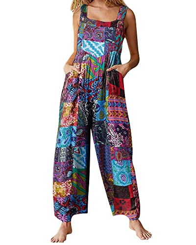 Acrawnni Damen Latzhose Vintage Floral Gedruckt Lose Casual Baggy Ärmellos Overall Lang Jumpsuit Playsuit Hosen Romper (A-Blue, L)