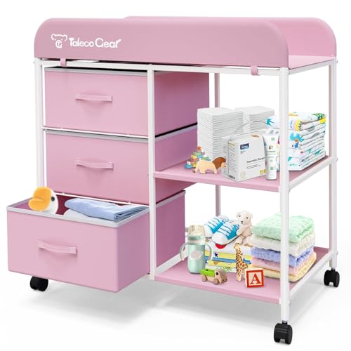 Wickeltisch, Tragbarer Wickeltisch, Wickelkommode mit Wasserdichter Unterlage, Wickeltischkommode mit 3 Aufbewahrungskörben, Mobiler Kinderzimmer-Organizer für Neugeborene （Rosa）