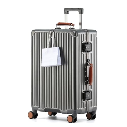 yuweijie Koffer groß, Koffer & Trolleys - Robuster Alu-Rahmen Suitcase für Reisen, 4 Rollen, TSA Schloss, Grau mit braunem Ledergriff, XXL-80cm
