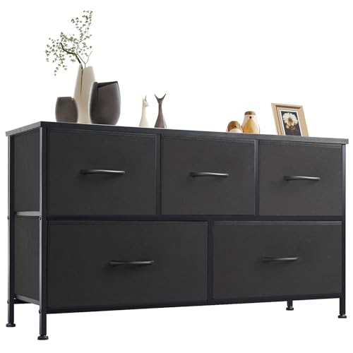 Sweetcrispy Kommode,Sideboard Wohnzimmer für Schlafzimmer mit 5 Stoffschubladen,Einstellbare Füße Schubladenschrank,Schwarz