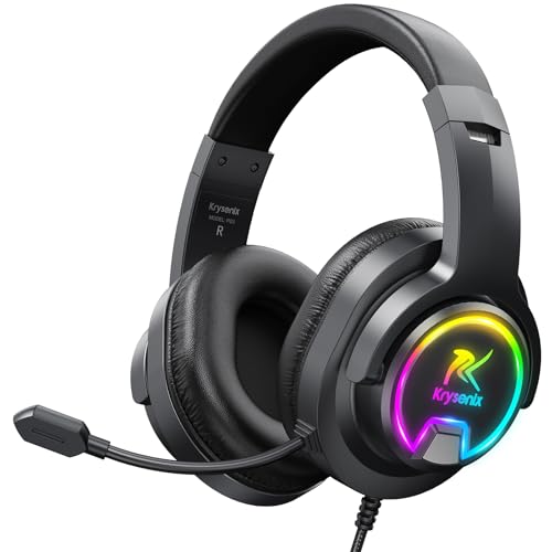 Krysenix PG3 Wired Gaming Headset für PS4, PS5, PC, Xbox, Switch, Gaming Kopfhörer mit Noise Cancelling Mikrofon, 3.5mm Klinke, Surround Sound, Headset mit LED Licht, Tintenschwarz