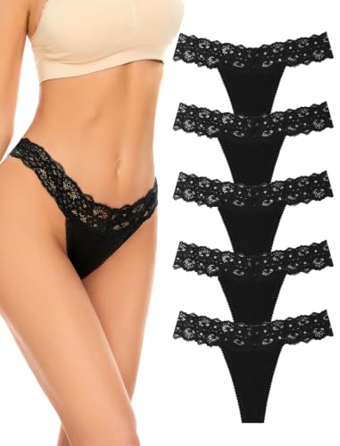 VOENXE Spitze String Tanga Damen Unterhosen,Nahtlos Unterwäsche Frauen Mehrpack,Seamless Invisible Lace Slip Panty,Ohne Naht Komfortabel Unterhose Underwear,Atmungsaktiv Thong,5 Pack Set