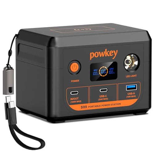 POWKEY Tragbare Powerstation, 30000mAh Laptop Powerbank 96Wh LiFePO4 Akku, Solar Power Station mit 100W USB-C-Schnellladung & LED-Licht für Tablets，iPhone, MacBook, Samsung und mehr