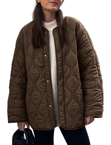 PEHMEA Damen Oversized Leichte Steppjacke Knopfleiste Herbst Winter Mäntel Puffer Gepolstert mit Taschen, Kaffee, M