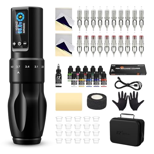 Tattoo Maschinen Set - Tattoo Set mit 7 Hübe 2.0-4.0mm Kabelloser Tattoo Maschine, 1600mAh Stromversorgung Akku, 20 Stück Tattoo Nadeln und 11 Farben Tinten für Tattoo Anfänger und Künstler