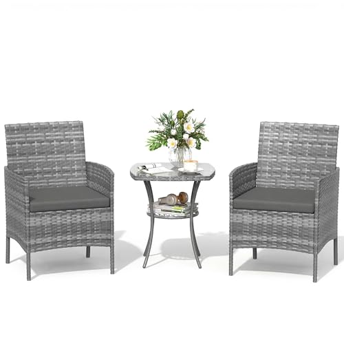 Amopatio Rattan Gartenmöbel Set, Balkonmöbel Set Kleiner 3 teilig, Outdoor Gartenlounge Wetterfest, Bistrotisch mit 2 stühlen, Terrassenmöbel für Terrasse, Balkon, Garten, Grau