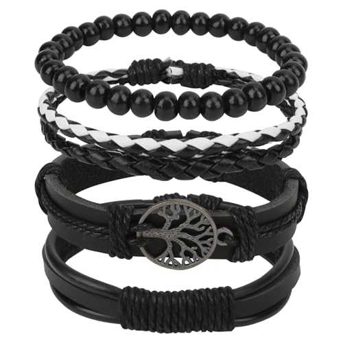 MOTIBACK Armband Set für Herren, 4 Stück Lederarmbänder im Set, Lebensbaum-Design & Geflochtene Muster, Verstellbare Manschetten, Stilvoller Herrenschmuck & Geschenk