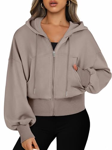 Jhsnjnr Damen Jacke Langarm Zip Up Hoodie Kapuzenjacke Casual Sweatjacke mit Reißverschluss Herbst Leicht Cropped Sweatshirt
