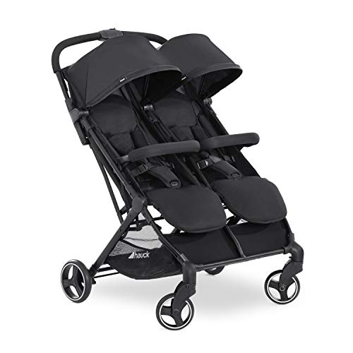hauck Swift X Duo, Schwarz - Zwillingsbuggy für 2 Kinder ab Geburt bis je ca. 3 Jahren Max. 15 kg - Großer Korb - Einhändig Zusammenklappbar - Pannensichere Kunststoffräder - mit Liegefunktion