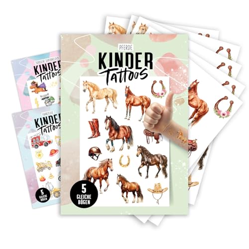 Hautfreundliche Kindertattoos, 5 gleiche Bögen | Pferde Motiv | 60 temporäre Tattoos für Kinder | vegan & sanft zur Haut | Geschenkidee & Mitgebsel Kindergeburtstag
