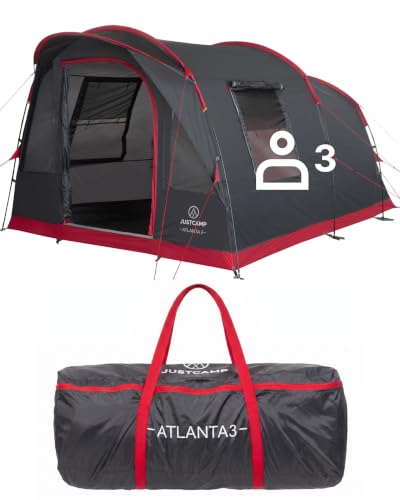 JUSTCAMP Atlanta 3 Familienzelt für 3 Personen - Tunnelzelt mit Stehhöhe inkl. Vordach & Boden, Eingang mit Fliegengitter - Campingzelt groß, geräumig, wasserdicht - Ideal für Campen & Festival