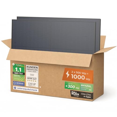 Solarway 500W Solarpanel Full Black Bifazial Glas/Glas PV Panel mit positiver Leistungstoleranz von 0-5 Watt, n-type, geeignet für Balkonkraftwerk