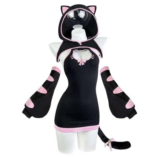 KORURACLUB Cosplay Anime Katzen Outfit(3-teiliges Set) Sexy Damen Kostüm Halloween Bodysuit Sexy Anime Lingerie (Schwarz getigerte Katze, L/XL)