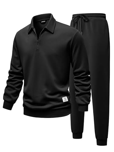 JMIERR Herren Jogginganzug Set Schwarz Polo Kragen 1/4 Reißverschluss 2-Teiliger Trainingsanzug Sweatsuit Paarkleidung Freizeit Tracksuit L