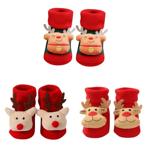 Generisch 3 Paare Weihnachtssocken Kinder Warme Socken 3D Weihnachts Druken Stricksocken Dicke Weihnachtsstrumpf Winter Kuschelsocken Weihnachten Thermosocken Rasselsocken Baby 0-6 Monate