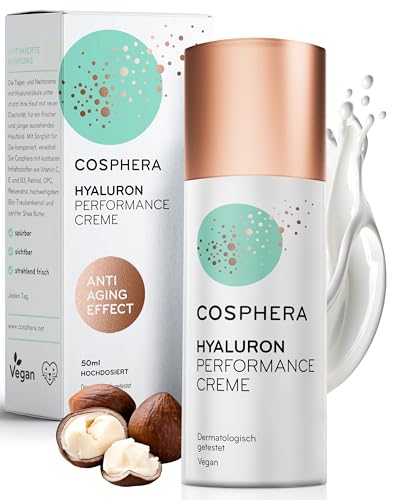 Cosphera - Hyaluron Performance Creme 50 ml - vegane Tages- und Nachtcreme hochdosiert für Gesicht, Hals, Dekolleté, Augen - Anti-Falten Feuchtigkeitsbehandlung für Frauen und Männer