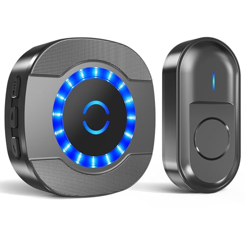 SURFOU Funkklingel, Türklingel Kabellos Set, 300m Reichweite Aussen Wasserdicht Klingel Haustür Plug-in Empfänger, Funk klingel mit LED-Blinken, 5 Lautstärkestufen, 55 Klingeltönen, Schwarz