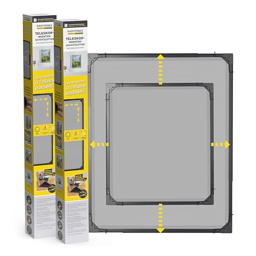 EASYmaxx Insect Protect | Teleskop-Insektenschutzgitter | Fliegengitter Fenster | mit vormontierten Rahmen | ausziehbarer Insektenschutz | integriertes Netz | anthrazit | 2er-Set