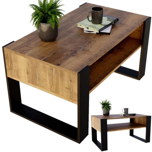 CraftPAK Wohnzimmer Tisch für Couch aus hochwertigem Holz, moderner Couchtisch mit zusätzlicher Ablagefläche, Sofatisch für Wohnzimmer, Farbe Retro-Schwarz