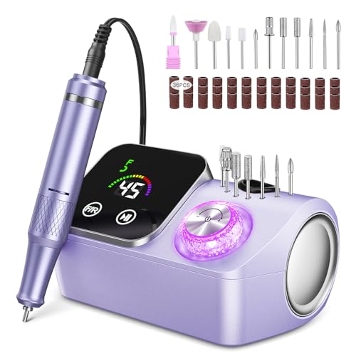 Urbuti Elektrischer Nagelfeile Nagelfräser für Gelnägel, 45000 U/min Nagelfräser Professioneller mit LCD-Anzeige, Maniküre Pediküre Set mit Multifunktionale Basis und Touch-Button-Steuerung Lila