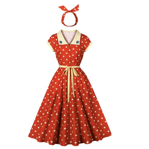 Odizli Rockabilly Kleider Damen Elegant Vintage Retro Sommer Polka Dot Petticoat Swing A Linie Knielang Sommerkleid Festlich Hochzeitsgast Coctailkleid mit Stirnband 50er Jahre Outfit Rot XXL