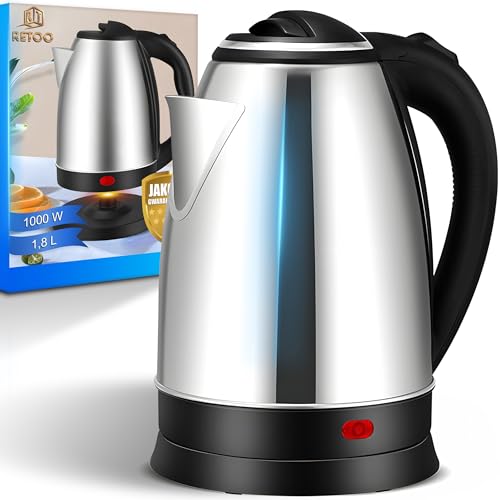 Retoo Wasserkocher 1500W 1.8L Wassertank, Elektrischer Teekocher, Reisewasserkocher, Wasser Kocher für Haushalt, Küche, Kaffee, Kräuterbrauen, Electric Kettle, Silber-Schwarz