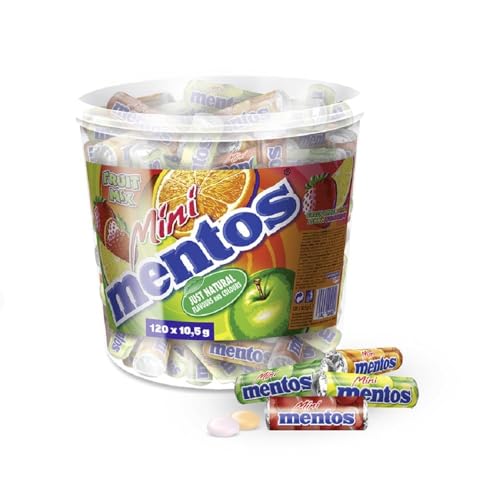 Mentos Fruit Mix Bucket, Eimer mit 120 Mini-Rollen a 5 Frucht-Dragees, Kaubonbons in den Sorten Orange, Erdbeere, Apfel & Zitrone, vegan