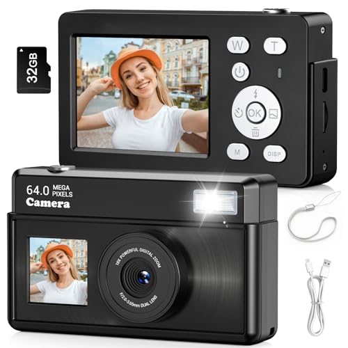 Digitalkamera 4K 64MP FHD Fotokamera mit 32G Karte 18X Digitalzoom Digital Kamera, Fotoapparat Tragbare Kompaktkamera Vlogging-Kamera für Jugendliche, Anfänger und Erwachsene (schwarz-1)